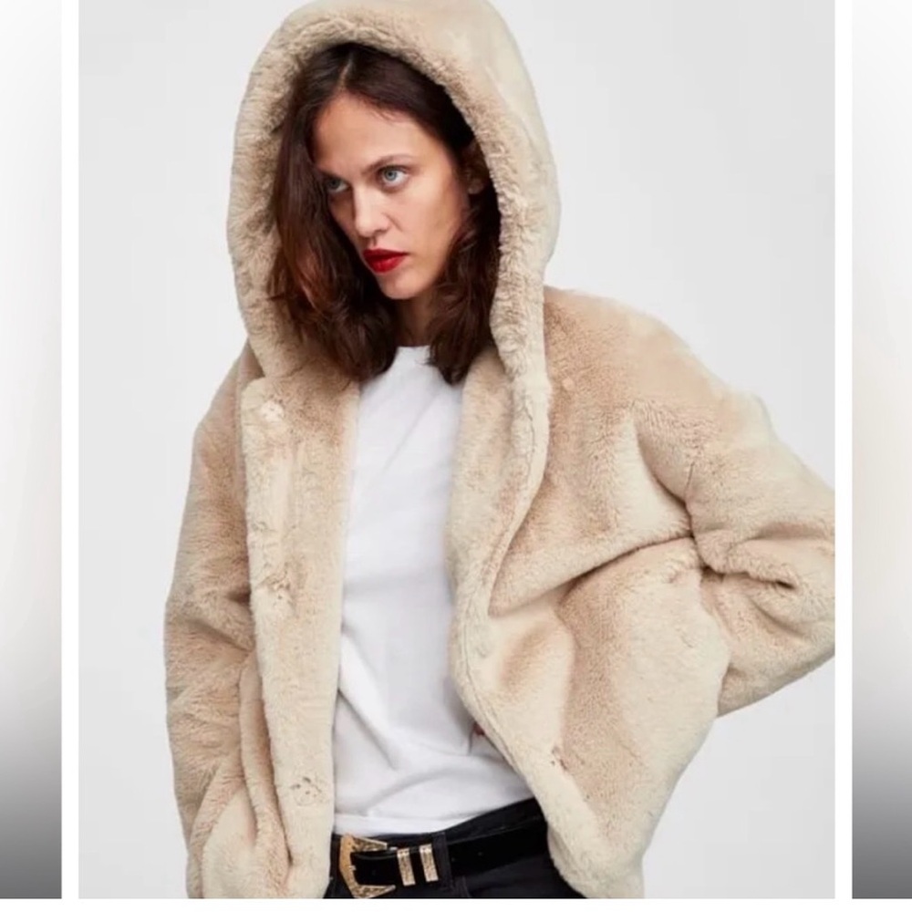 Zara Plush Hooded Faux Fur Jacket - Cream